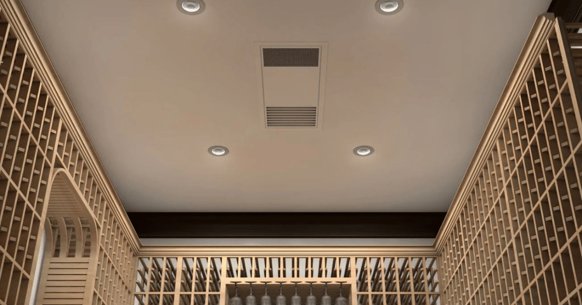 modern wine cellar with a ceiling mounted wine cooling unit