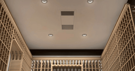 modern wine cellar with a ceiling mounted wine cooling unit