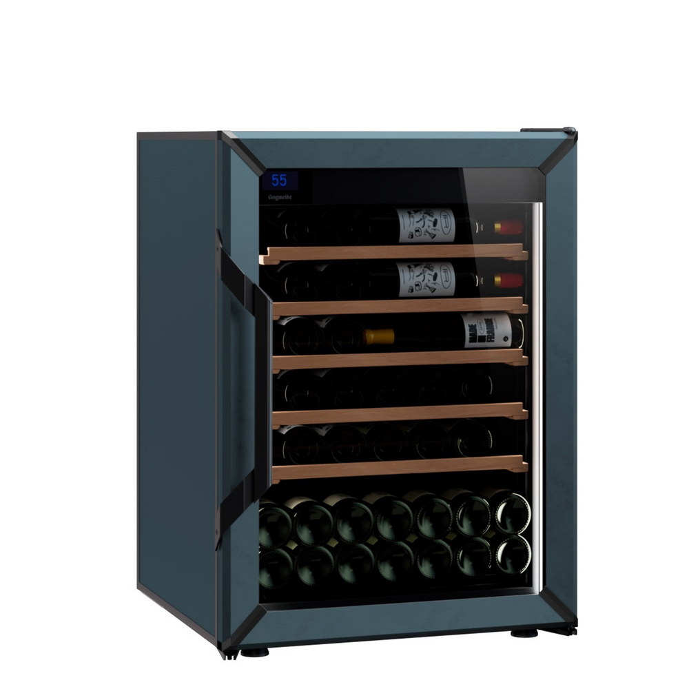Goguette wine fridge small single zone 50 bottle capacity, slate blue side view