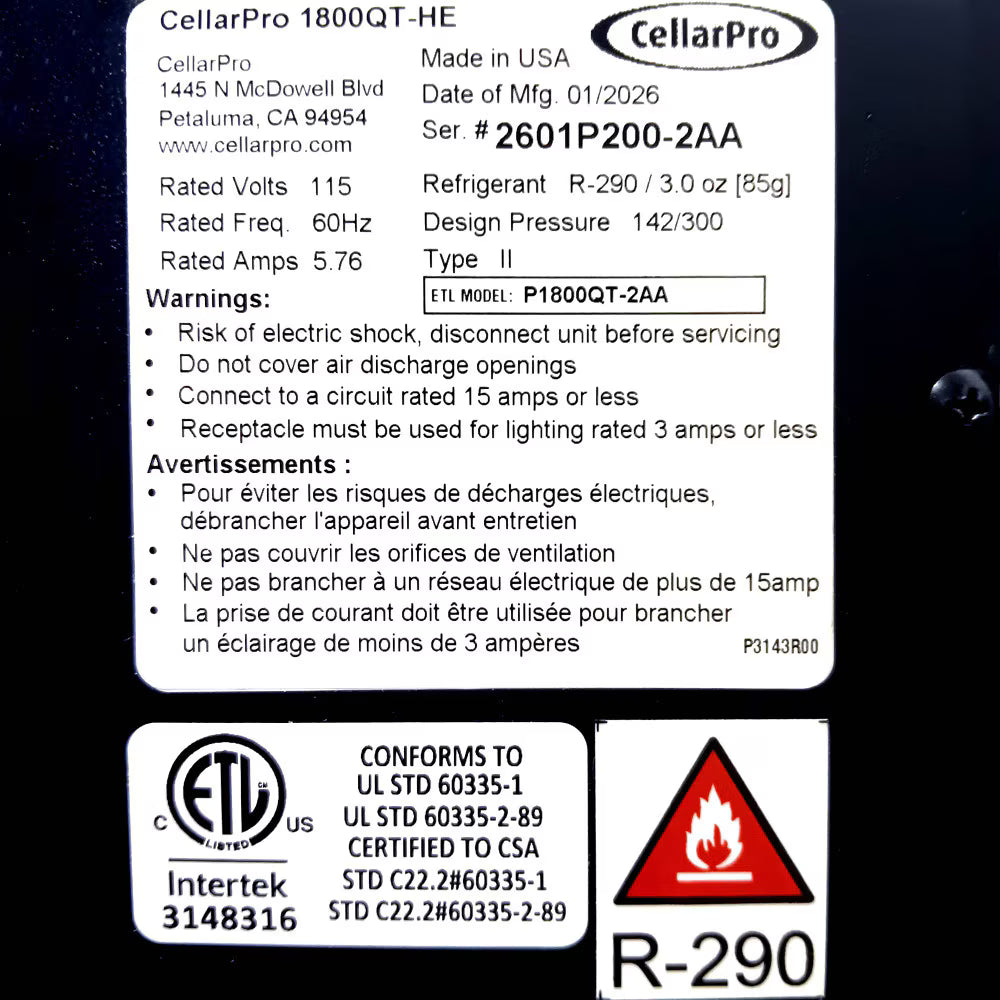 CellarPro 1800QT-HE Cooling Unit (up to 200 cubic feet)