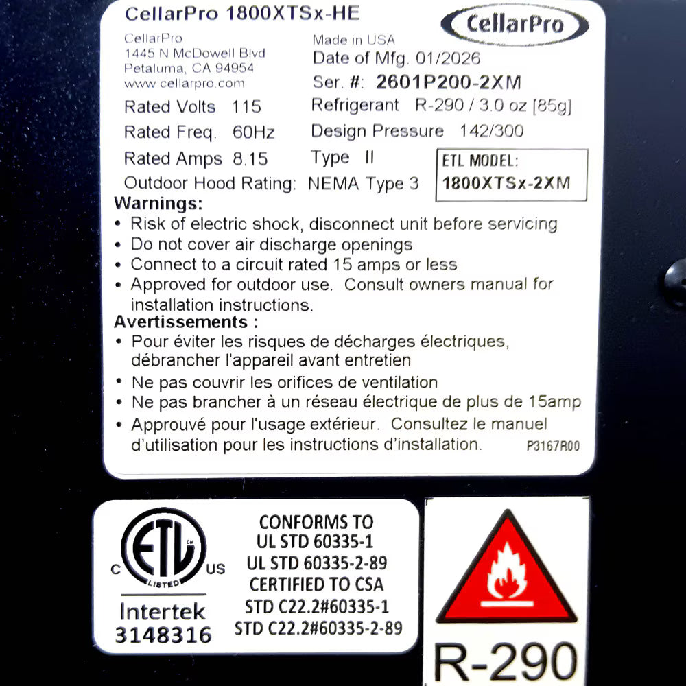 CellarPro 1800XTSx-HE Cooling Unit (up to 400 cubic feet)