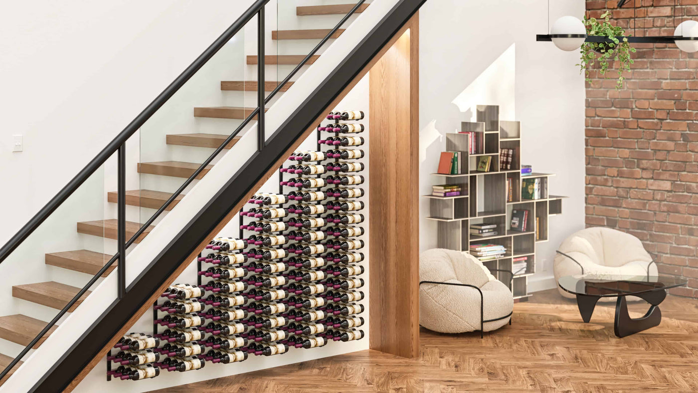 Vintageview w series under the stairs setup wine racks, metal wine racks.