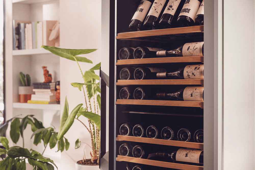 goguette_large_wine_refrigerator closeup of the bottles inside the unit.