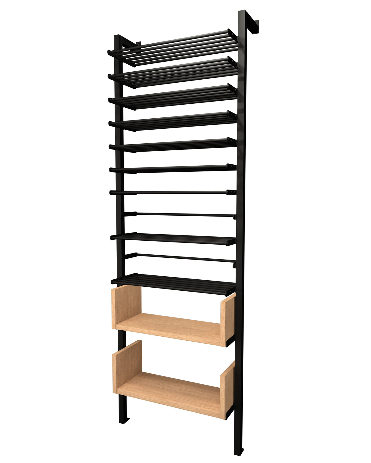 Kessick Somm 2 Pole Parallel Shelf with 2 Display Rows and Bin Shelves empty showing full system structure