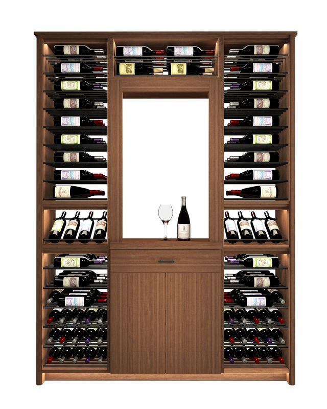 Kessick Tower Series TV1 188-bottle freestanding hardwood wine cabinet in Walnut with clear satin finish and satin black parallel rods — 3-tower configuration with cabinet niche