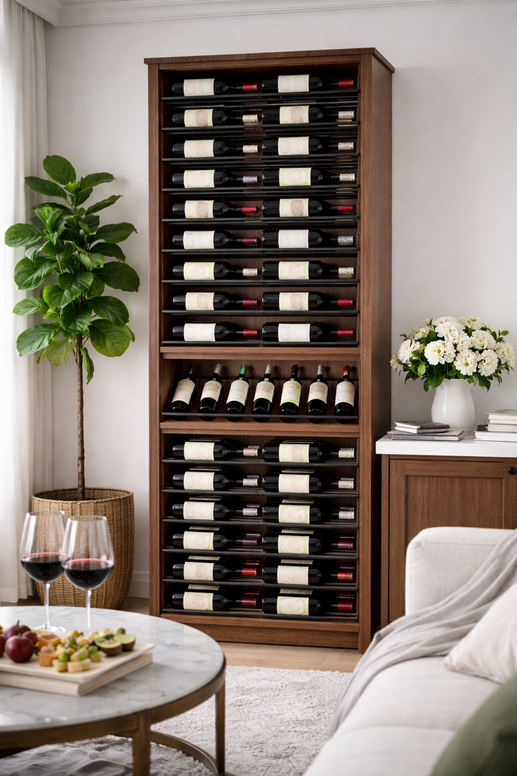 Kessick Tower Series 96-Bottle Hardwood Wine Cabinet — Walnut, Clear Finish, Black Rods