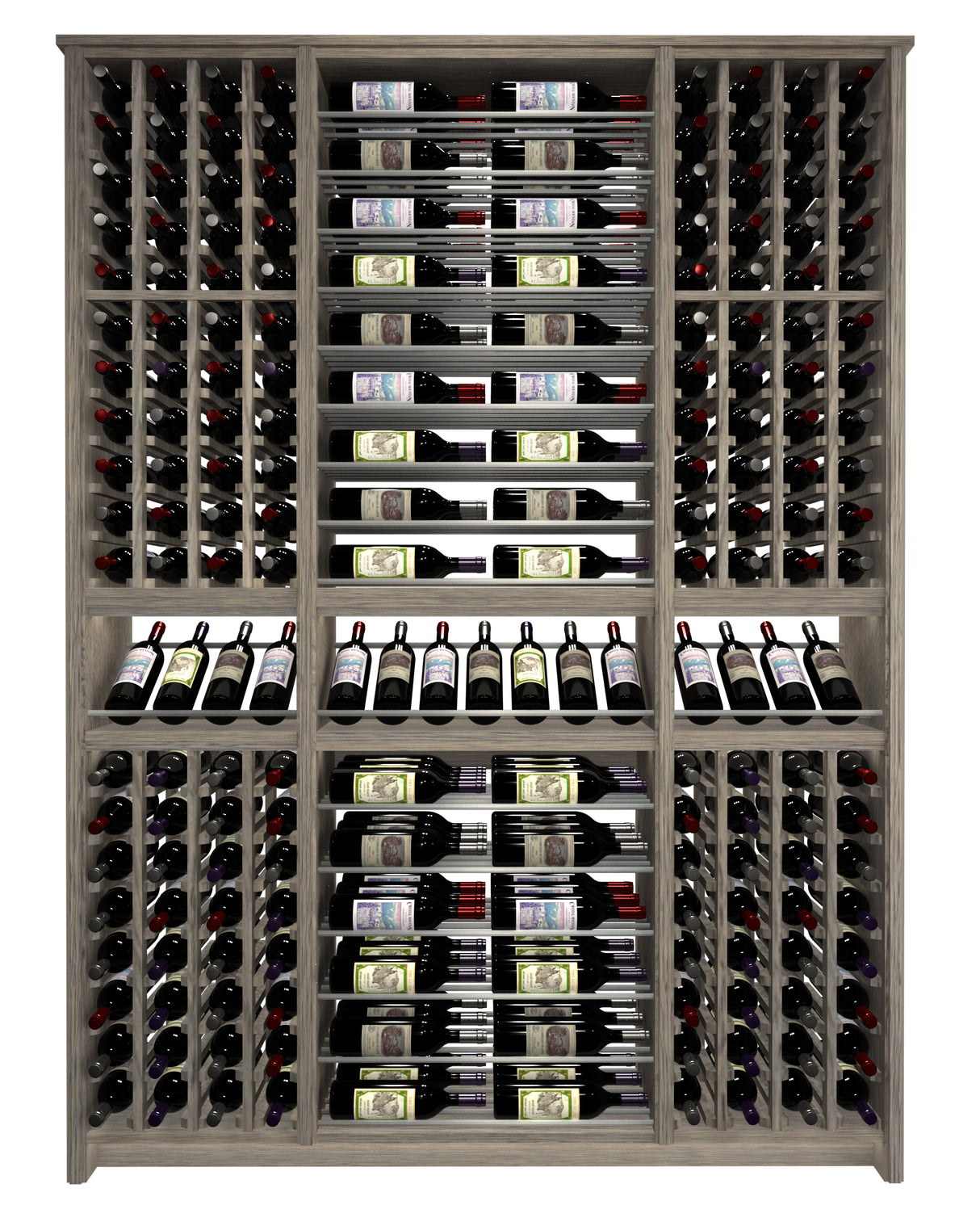Kessick Tower Series TV5 256-bottle freestanding hardwood wine cabinet in White Oak with gray stain, clear finish and silver rods — 3-tower individual column and parallel configuration