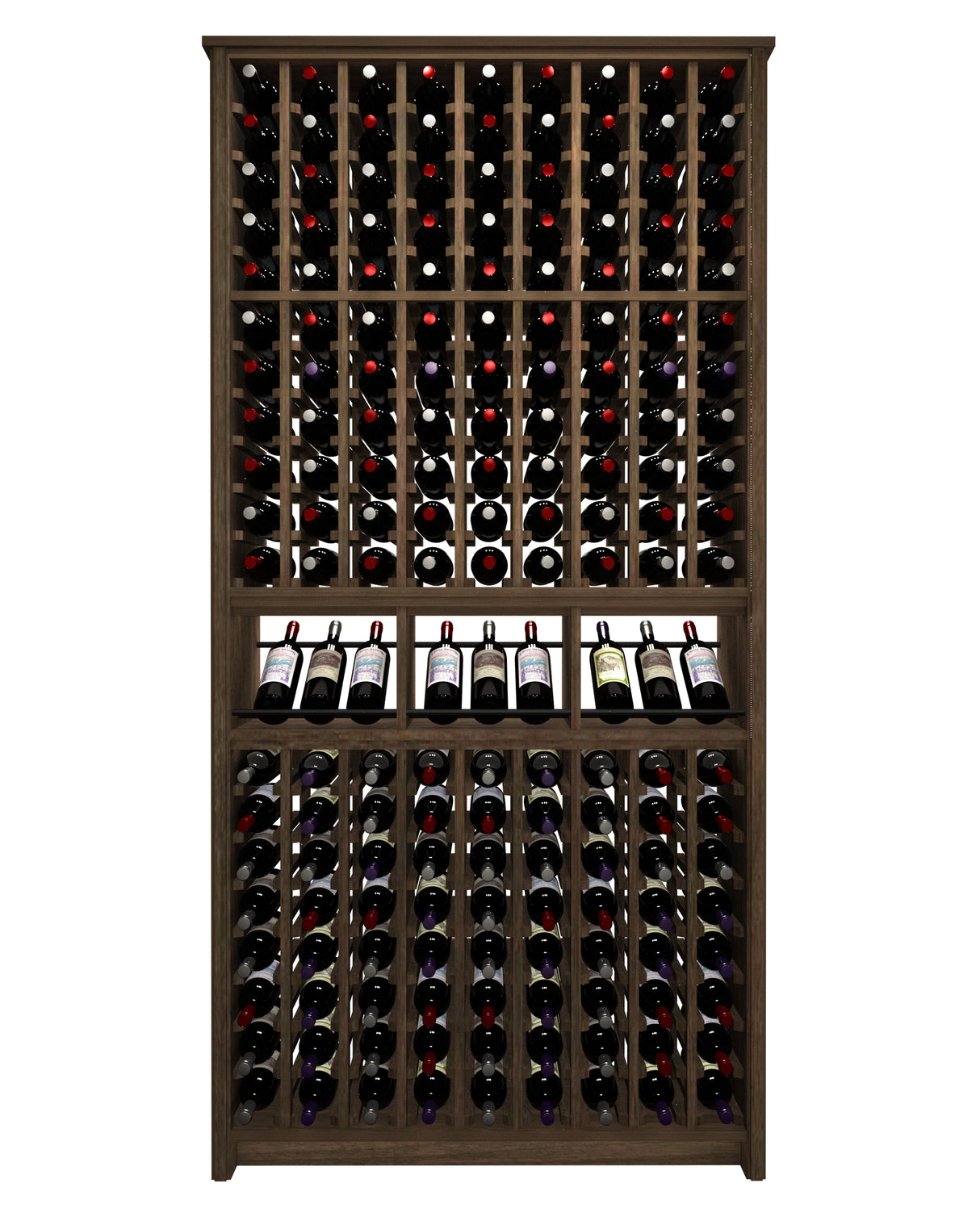 Kessick Tower Series TV6 180-bottle freestanding hardwood wine cabinet in Walnut with espresso stain, clear finish and satin black rods — single 42-inch individual column tower configuration