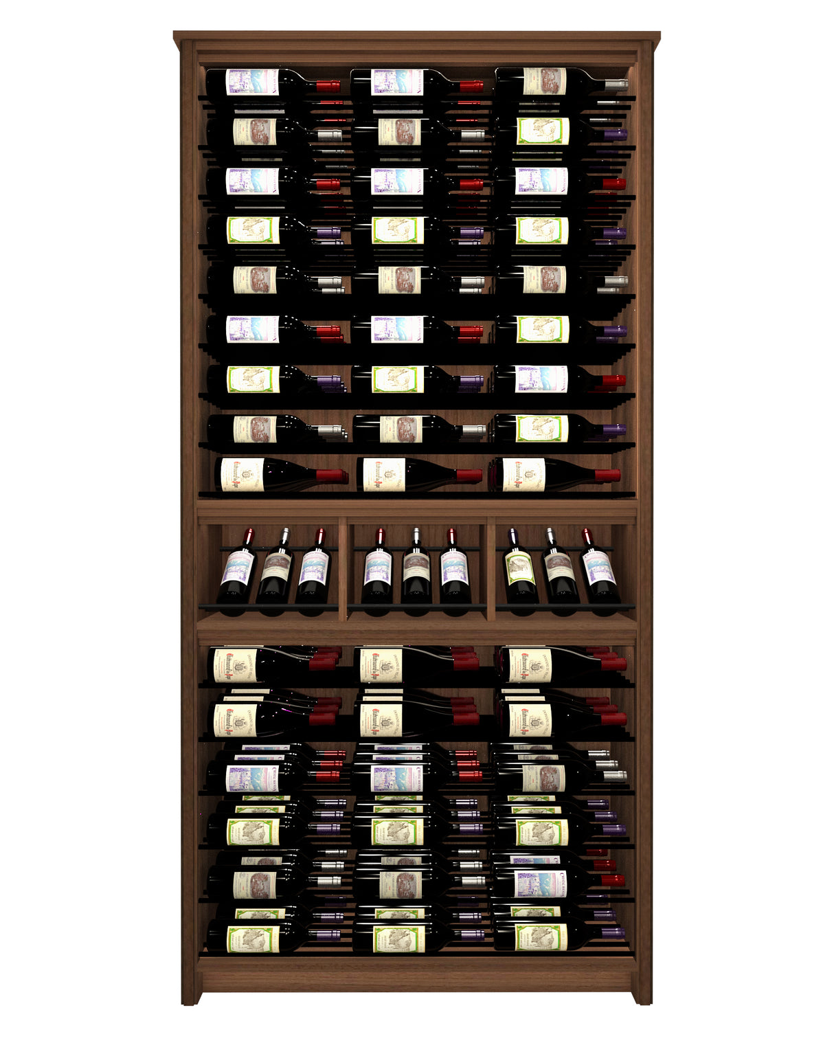Kessick Tower Series TV7 144-bottle freestanding hardwood wine cabinet in Walnut with clear satin finish and satin black rods — single 42-inch parallel over parallel tower configuration