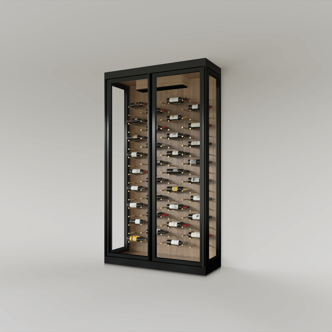 The Wine Square CAVEA double door glass wine cellar with Meadow oak wood grain interior finish — 60 inch wide floor-to-ceiling matte black aluminum frame with label-forward horizontal racking
