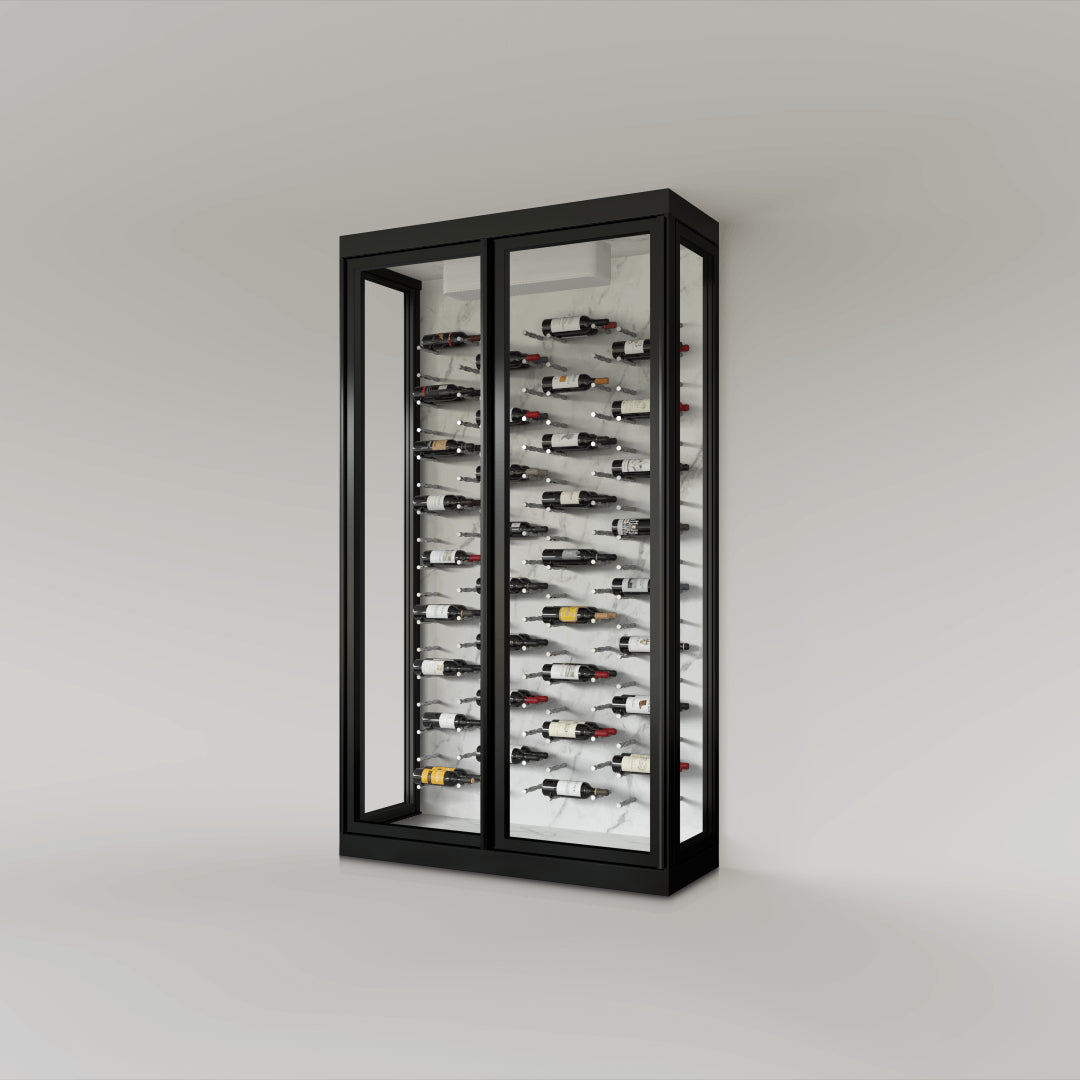 The Wine Square CAVEA double door glass wine cellar with Mist white marble interior finish — 60 inch wide floor-to-ceiling matte black aluminum frame with label-forward horizontal racking