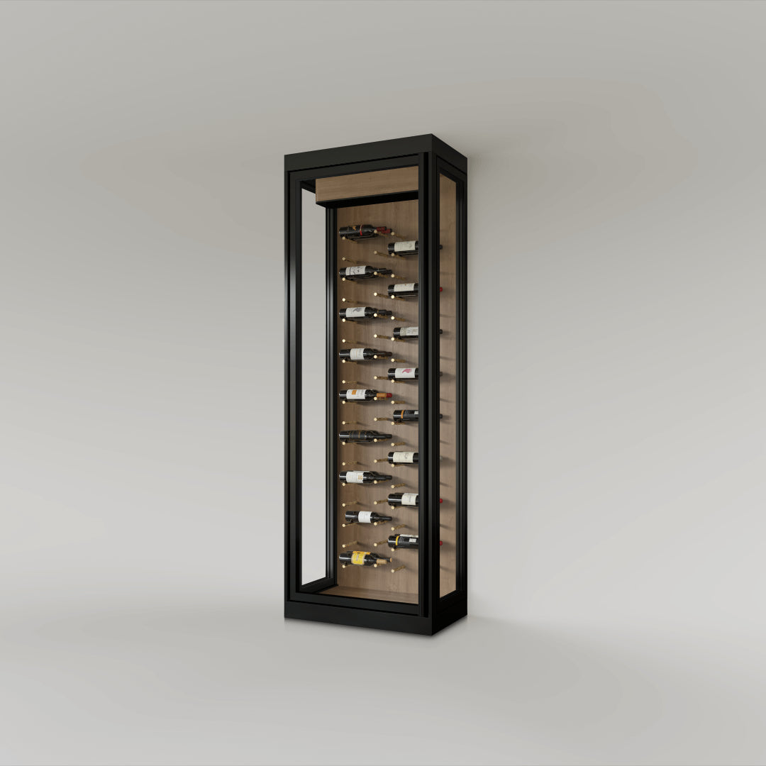 The Wine Square CAVEA single door glass wine cellar with Meadow oak wood grain interior finish — floor-to-ceiling matte black aluminum frame with label-forward horizontal racking