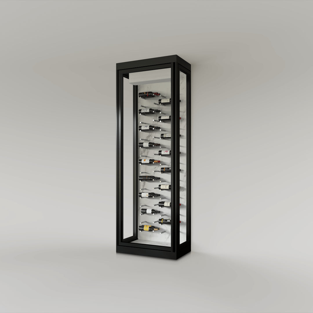 The Wine Square CAVEA single door glass wine cellar with Mist white marble interior finish — floor-to-ceiling matte black aluminum frame with label-forward horizontal racking