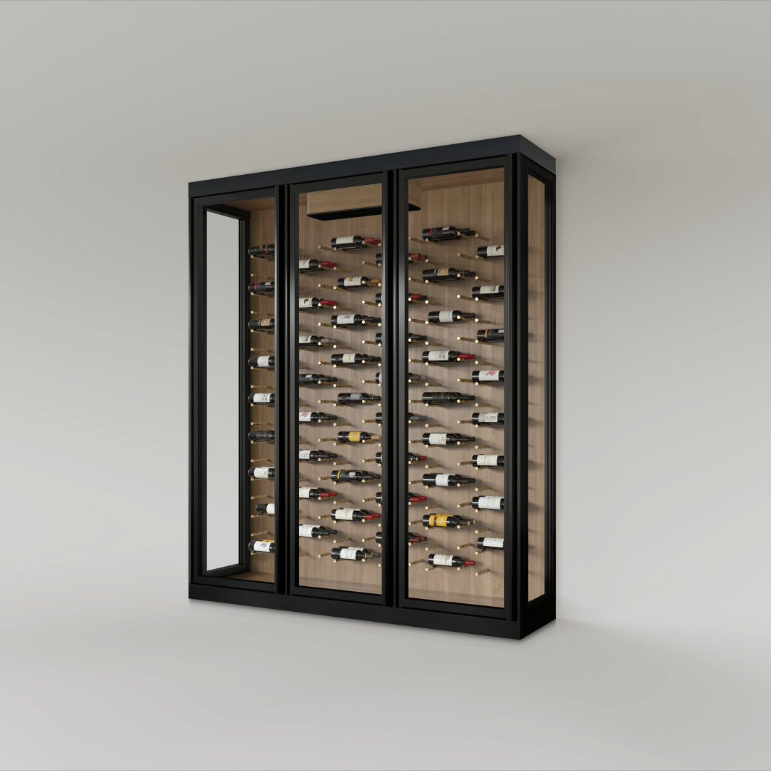 The Wine Square CAVEA triple door glass wine cellar with Meadow oak wood grain interior finish — 91 inch wide floor-to-ceiling matte black aluminum frame with label-forward horizontal racking