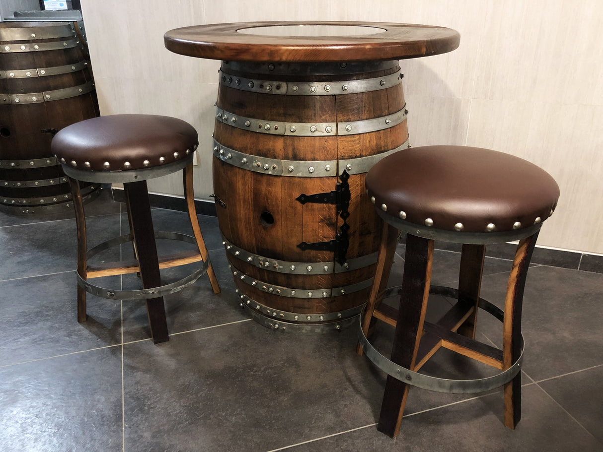 Vintage Oak Wine Barrel Bistro Table & Bar Stools demo picture