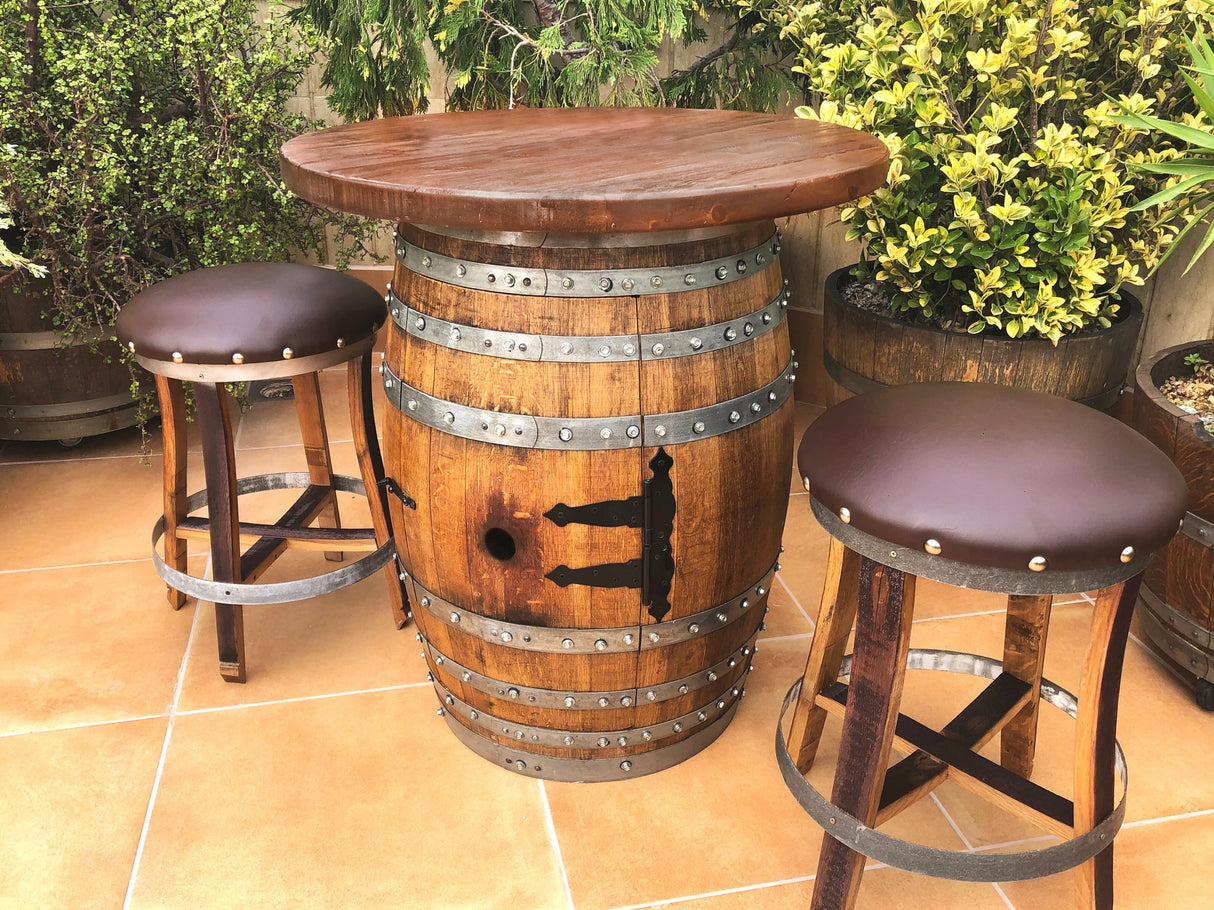 Vintage Oak Wine Barrel Bistro Table & Bar Stools lifestyle picture