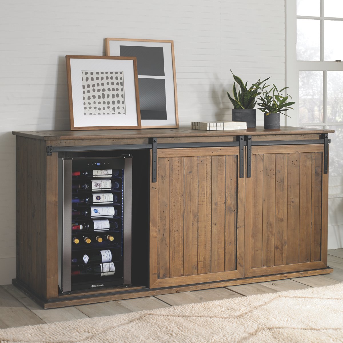 Mesa Sliding Barn Door Credenza With Two Wine Refrigerators