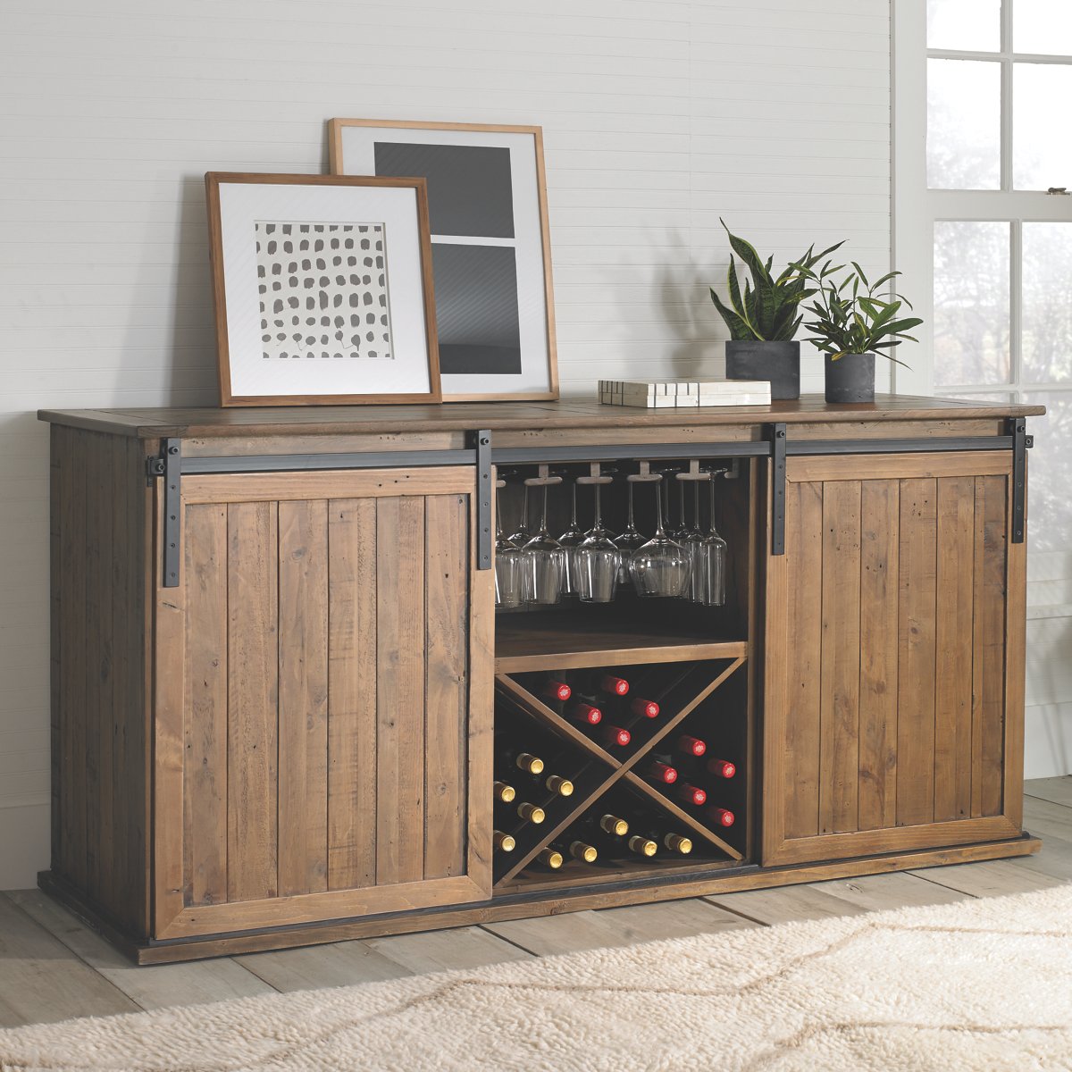 Mesa Sliding Barn Door Credenza With Two Wine Refrigerators