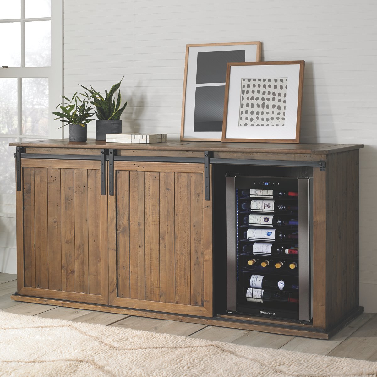 Mesa Sliding Barn Door Credenza With Two Wine Refrigerators