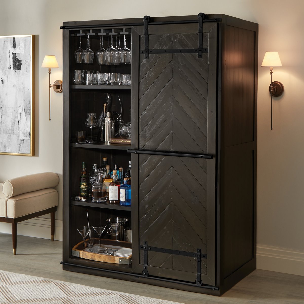 Mesa Sliding Barn Door Armoire - Rustic Black Finish