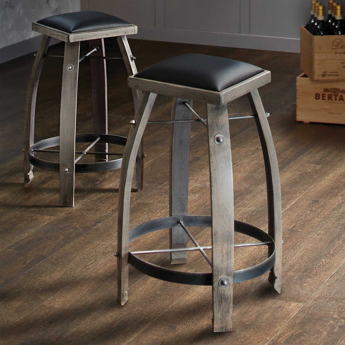 Vintage Oak Wine Barrel Bistro Table & Bar Stools (Antique Gray Finish) - 325 94 87