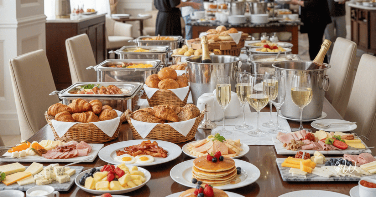 Breakfast and Wine Pairings - table with breakfast buffet, champagne and white wines