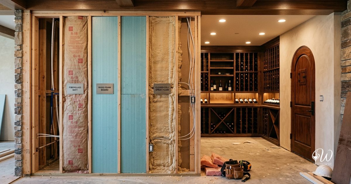 Wine Cellar Insulation Options - unfinished wine cellar wall showing insulation