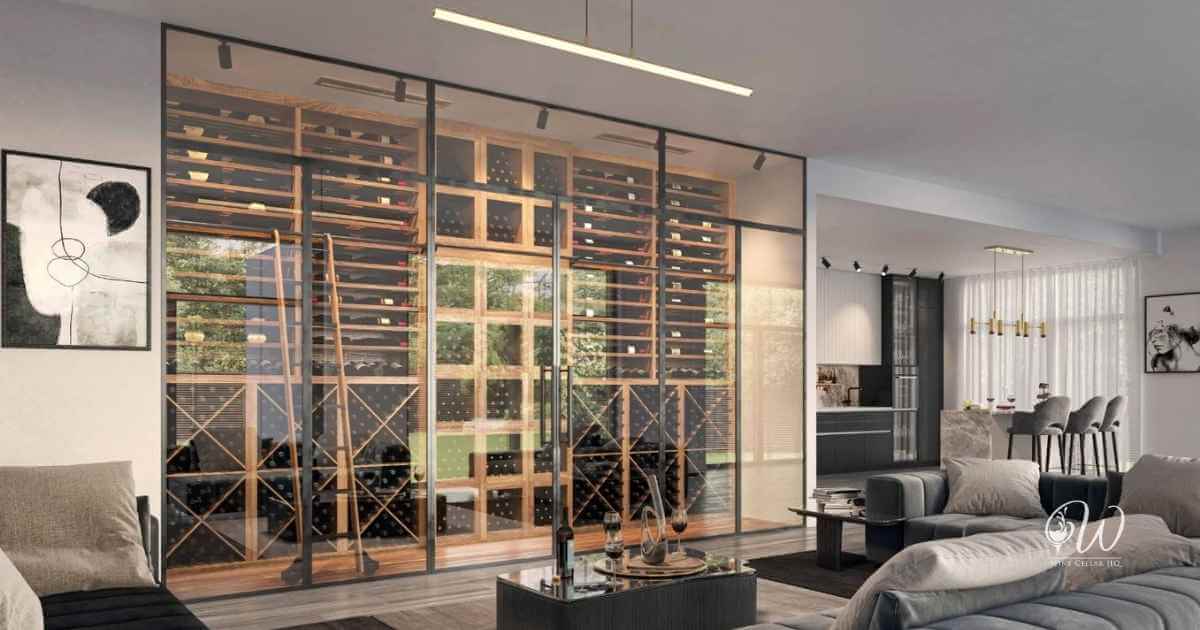 Modern glass-enclosed home wine cellar with floor-to-ceiling wooden racking, diamond bins, and a rolling ladder in an open living room
