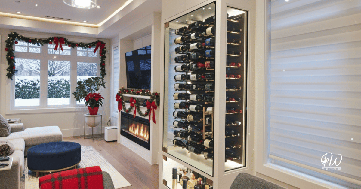 winter wine storage tips - - living room with wine cellar winter outdoors