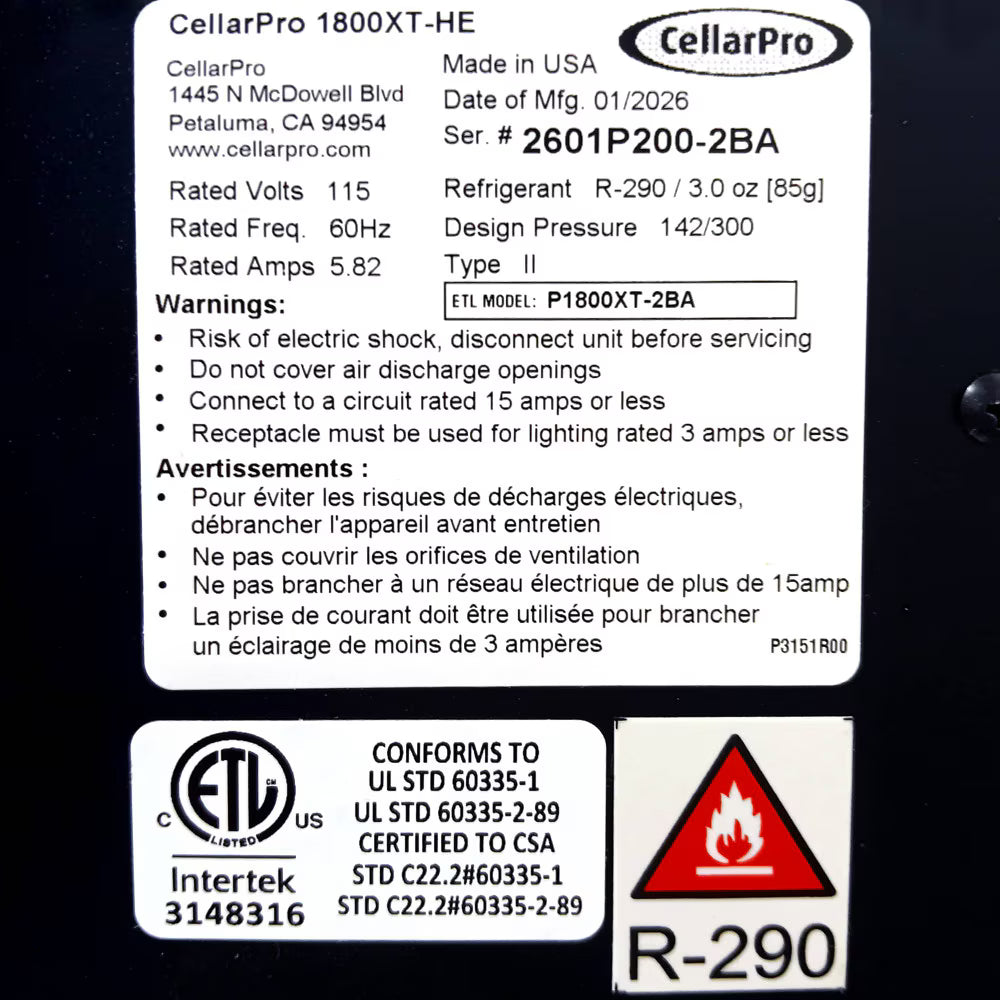 CellarPro 1800XT-HE Cooling Unit (up to 250 cubic feet)