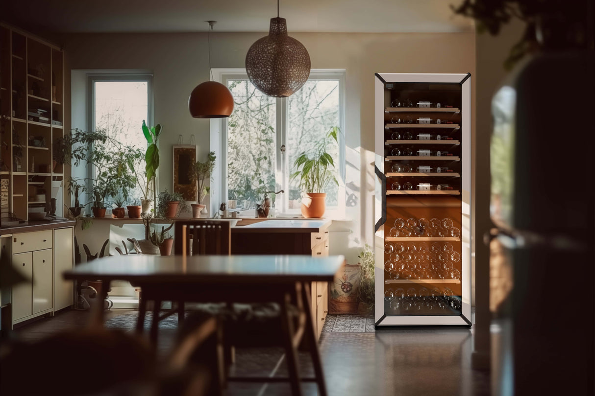 Goguette Wine Fridge Large Unit 150 Bottles White in a well lit kitchen during golden hour, plants and beautiful lamps in the area. 