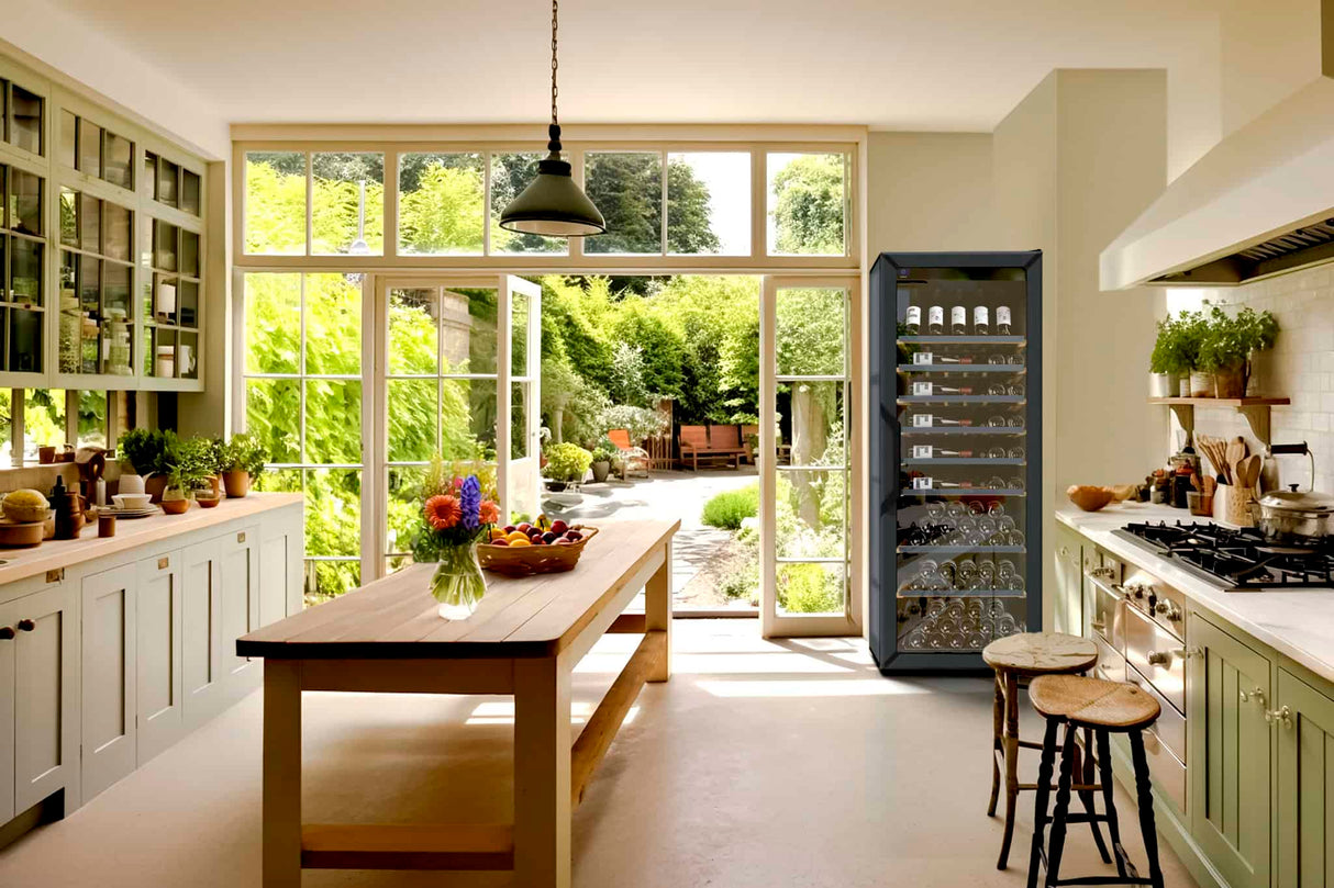 Goguette Wine Fridge Large Unit 150 Bottles In a beutiful kitchen with doors to a garden and tall french windows 