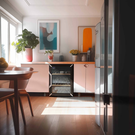 Goguette wine fridge small single zone 50 bottle capacity, black in a beautiful apartment, underneath a surfave. 