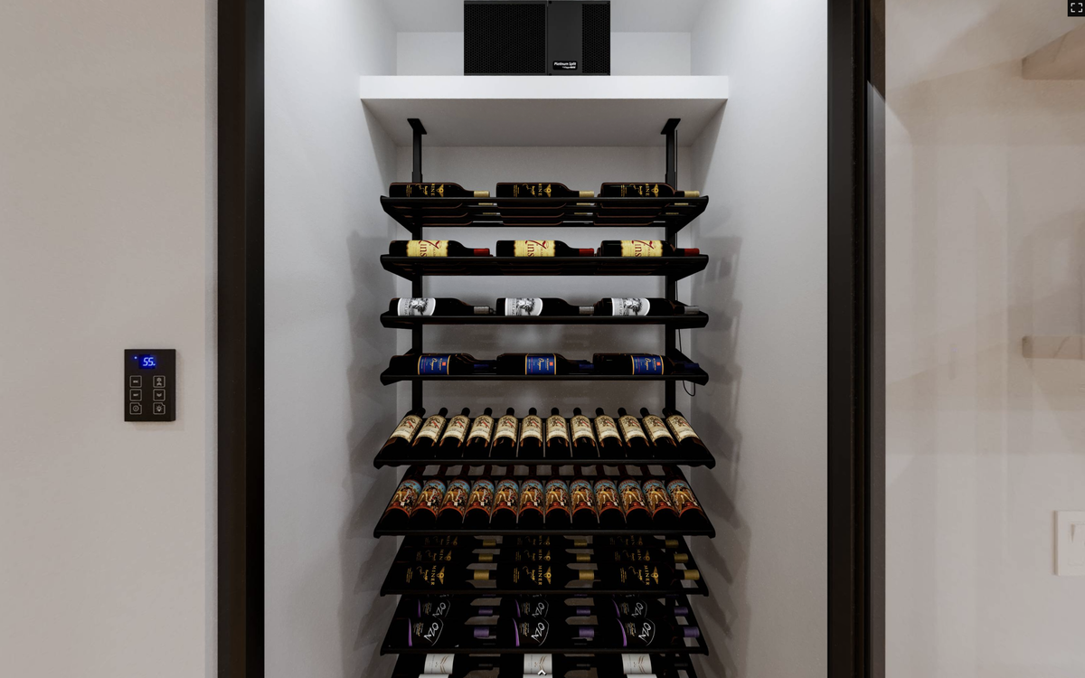 WhisperKOOL Platinum Mini Split evaporator cooling a residential wine cellar