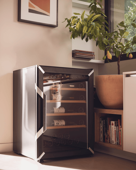 Goguette wine fridge small single zone 50 bottle capacity, black side view in a beautiful apartment next to a plant. 