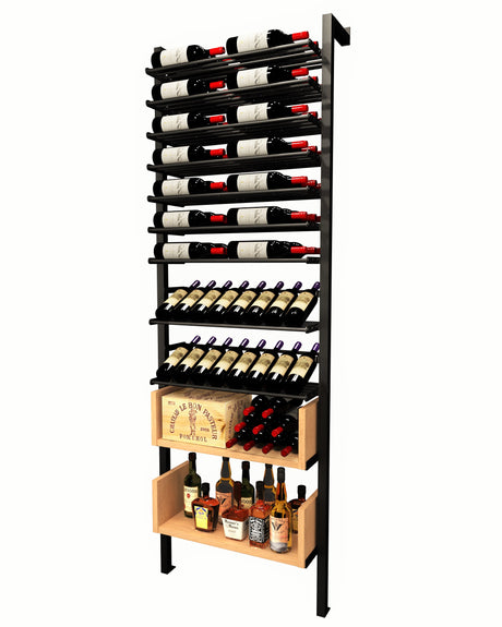 Kessick Somm 2 Pole Parallel Shelf with 2 Display Rows and Bin Shelves displaying 106 bottles