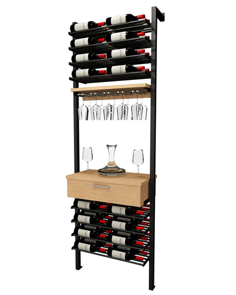 Kessick Somm 2 Pole Parallel Shelf with Stemware Rack and Drawer displaying 48 bottles with wine glasses