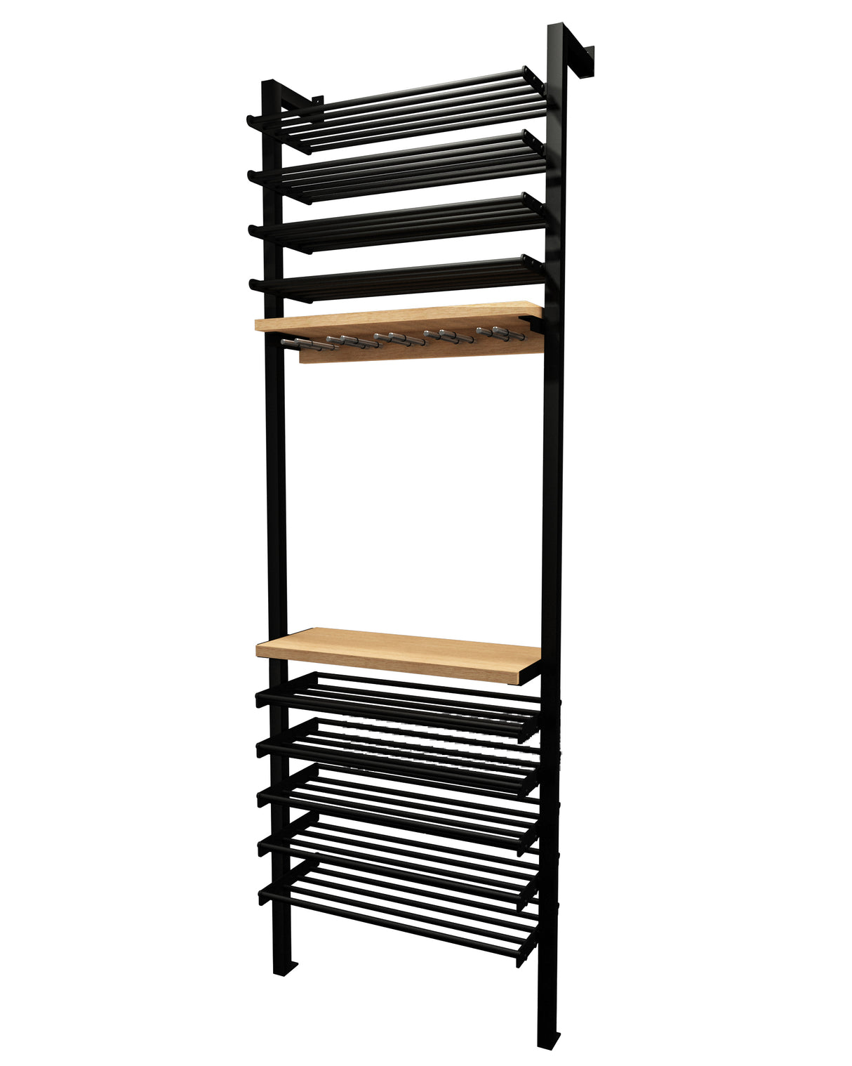 Kessick Somm 2 Pole Parallel Shelf with Stemware Rack and Somm Shelves empty showing full system