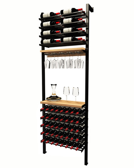 Kessick Somm 2 Pole Parallel Shelf with Stemware Rack and Somm Shelves displaying 64 bottles with wine glasses