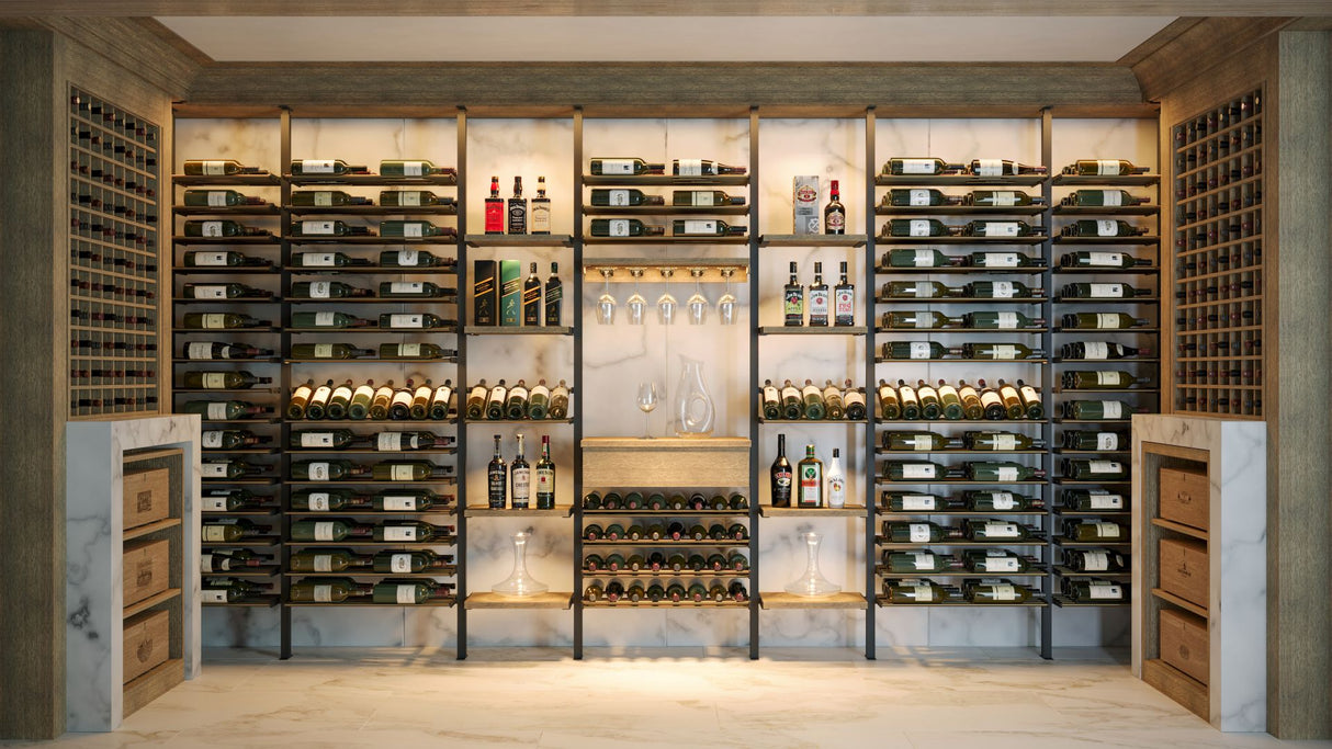 Kessick Somm 2 Pole Parallel Shelf with Display Row wine rack displaying 92 bottles with angled label-forward display row on a wine room wall