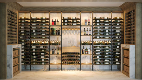 Kessick Somm 2 Pole Parallel Shelf with Display Row wine rack displaying 92 bottles with angled label-forward display row on a wine room wall