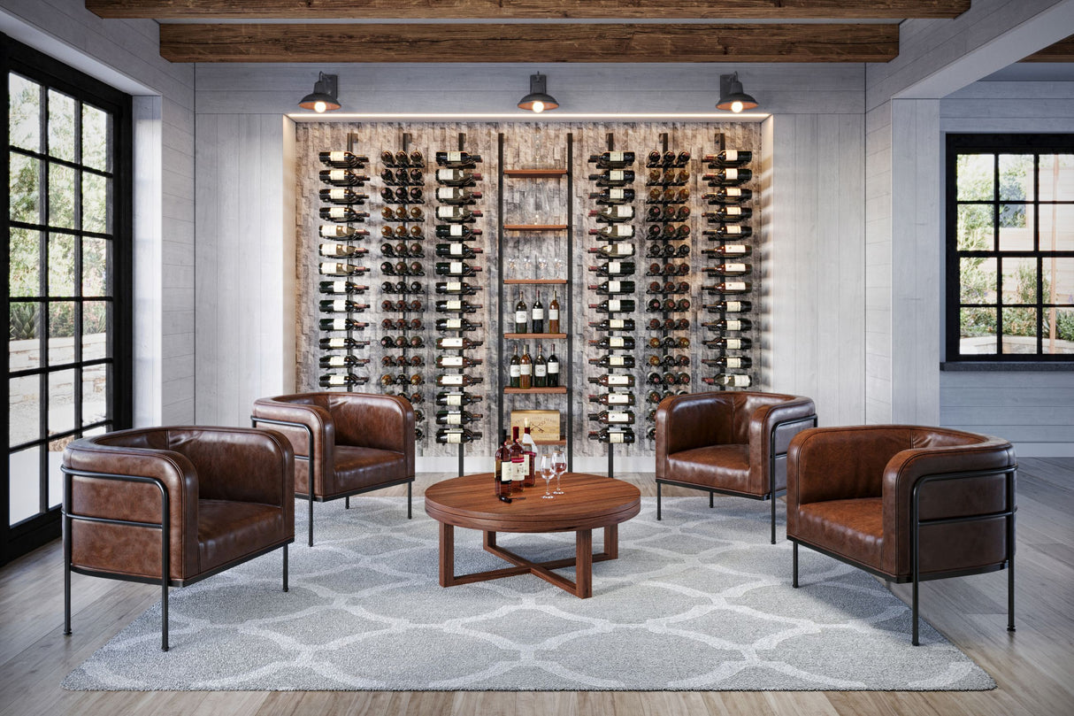 Kessick Somm 2 Pole Parallel Shelf with Display Row wine rack displaying 92 bottles with angled label-forward display row on a wine room wall