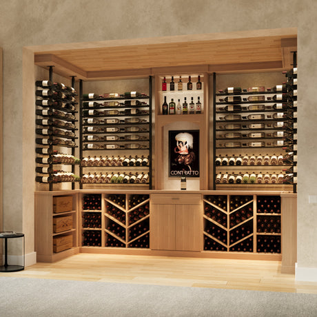 Kessick Somm 2 Pole Parallel Shelf with Display Row wine rack displaying 92 bottles with angled label-forward display row on a wine room wall