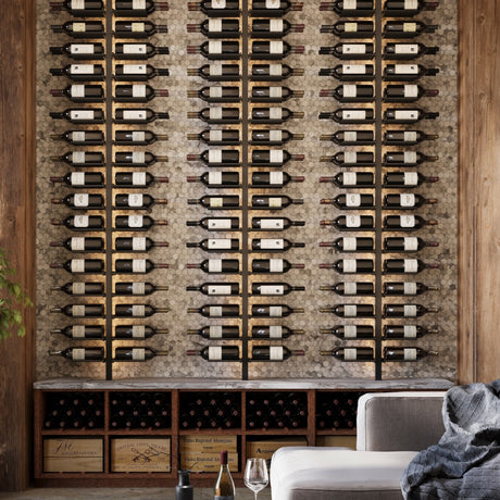 Kessick Somm Single Pole Label Forward Ceiling Mounted Wine Rack displaying bottles label-forward floor to ceiling