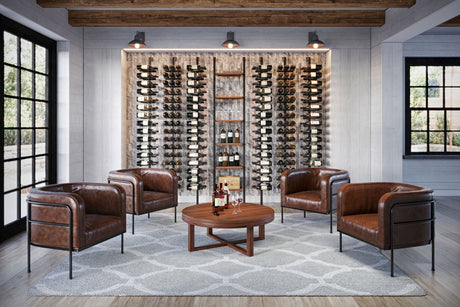 Kessick Somm Single Pole Neck Out Ceiling Mounted Wine Rack displaying bottles neck-out floor to ceiling