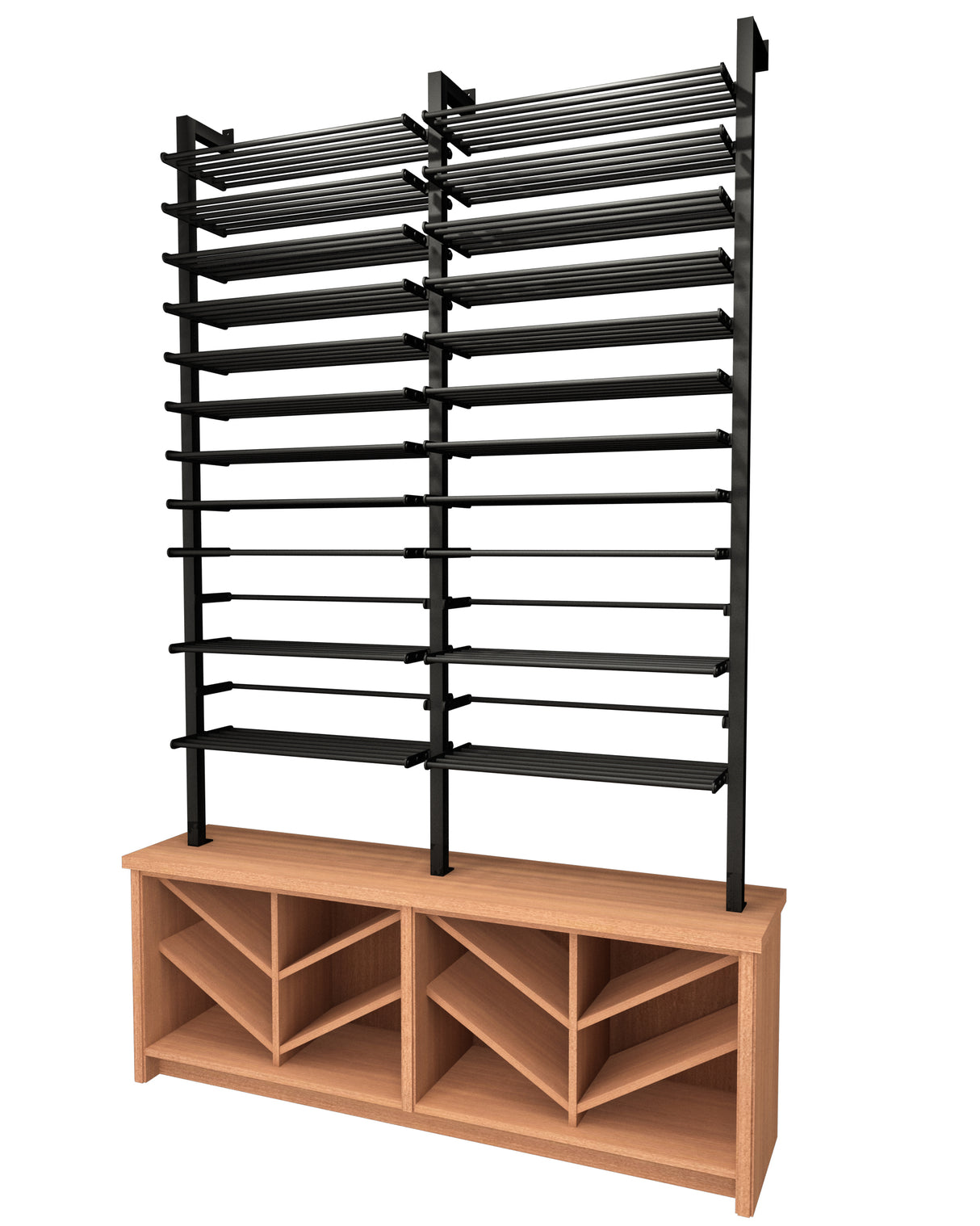 Kessick Somm SV25 3 Pole Parallel Shelf with 2 Display Rows and Base Chevron Cabinet empty showing full system