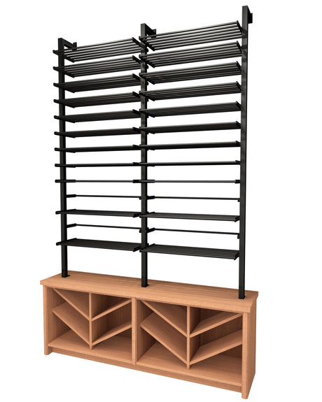 Kessick Somm SV25 3 Pole Parallel Shelf with 2 Display Rows and Base Chevron Cabinet empty showing full system