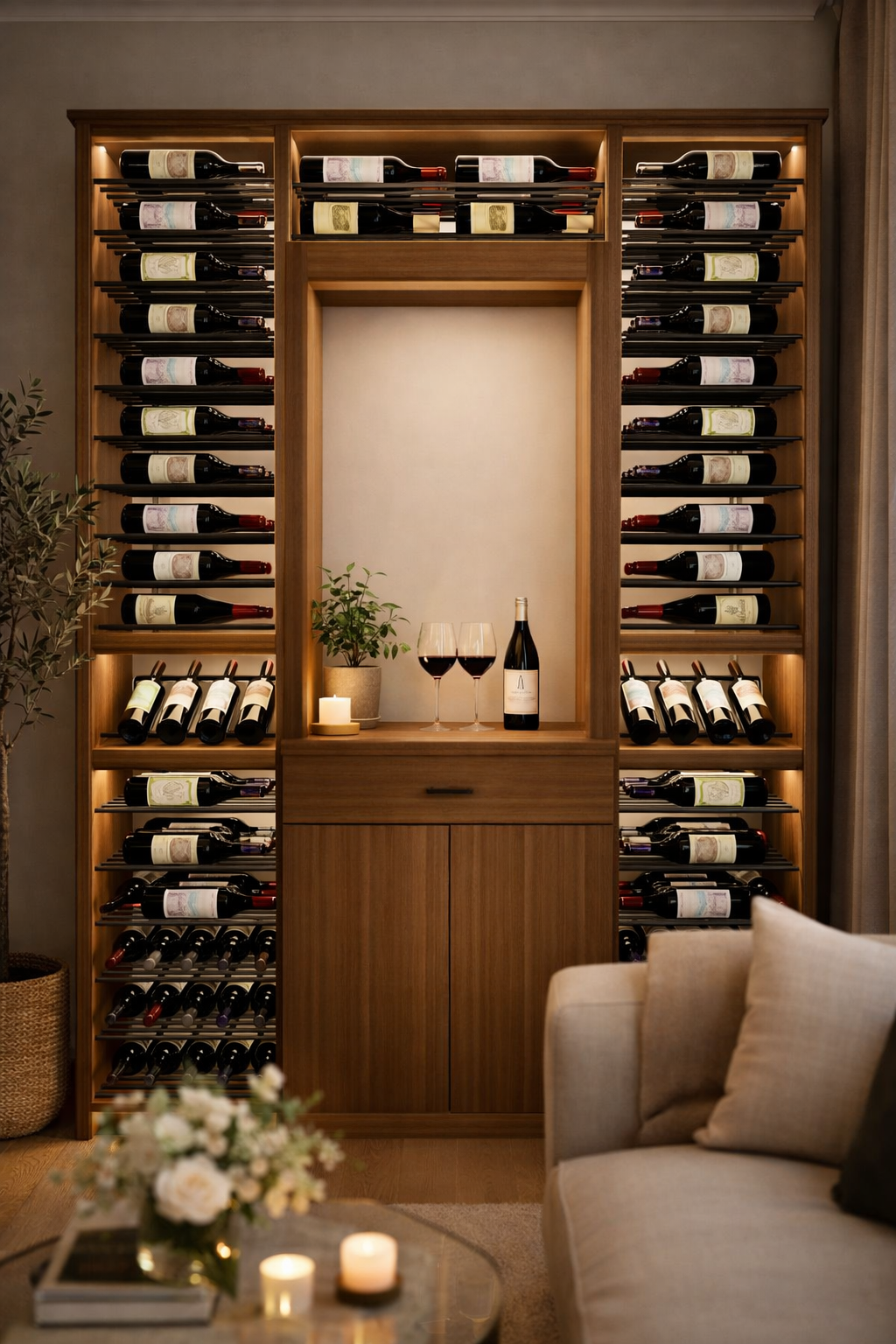 Kessick Tower Series 188-Bottle Hardwood Wine Cabinet — Walnut, Clear Finish, Black Rods