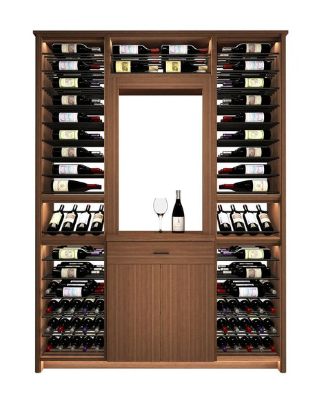 Kessick Tower Series TV1 188-bottle freestanding hardwood wine cabinet in Walnut with clear satin finish and satin black parallel rods — 3-tower configuration with cabinet niche