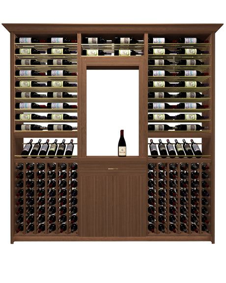 Kessick Tower Series TV10 276-bottle freestanding hardwood wine cabinet in Sapele Mahogany unfinished with gold rods — 3-tower parallel, individual column and cabinet niche configuration